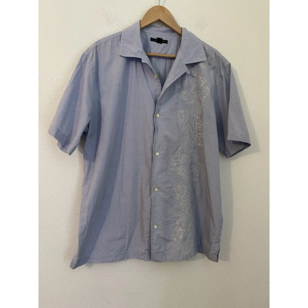 Banana Republic Mens Short Sleeve Button Shirt Blue Floral Embroidery L Tropical